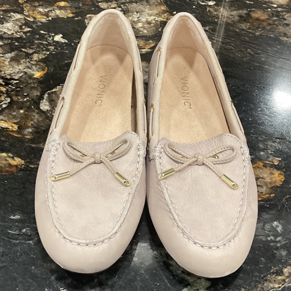 Vionic Virginia Women's Taupe Beige Loafers with Gold Accents